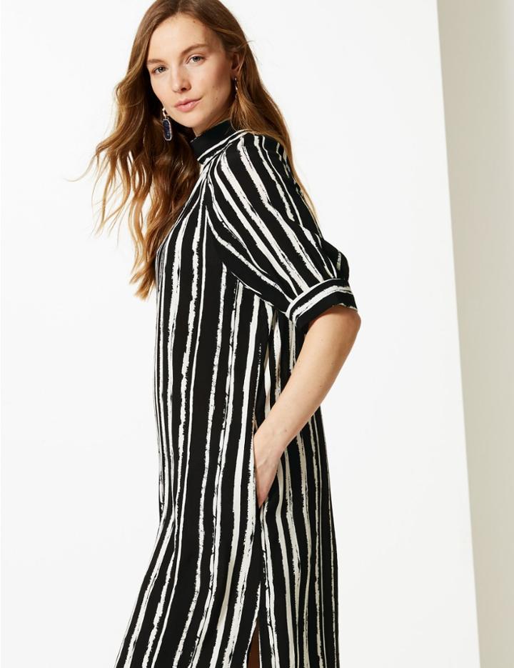 Marks & Spencer Striped Shift Midi Dress Black Mix