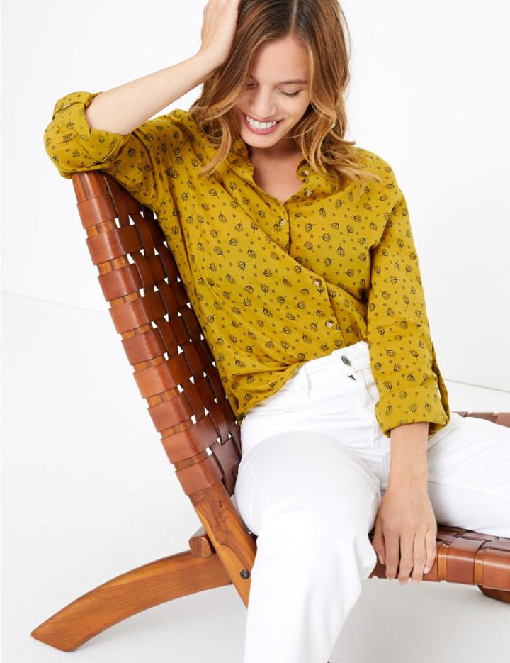 Marks & Spencer Petite Pure Cotton Printed Shirt Yellow Mix