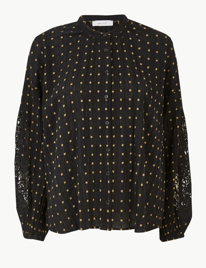 Marks & Spencer Textured Long Sleeve Blouson Blouse Black Mix