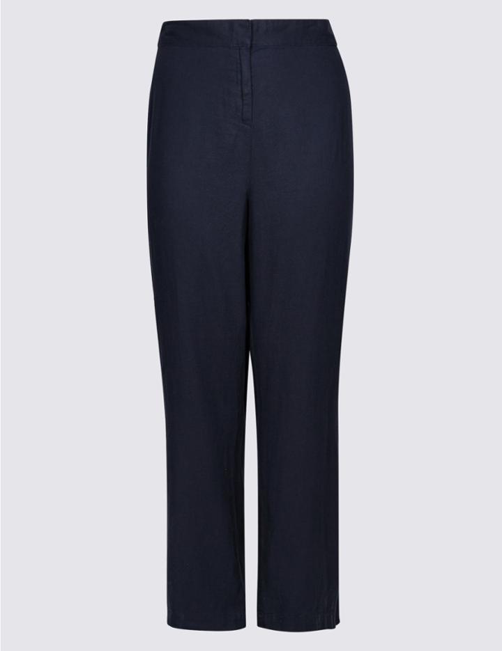 Marks & Spencer Curve Linen Rich Wide Leg Flared Trousers Navy