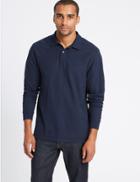 Marks & Spencer Pure Cotton Long Sleeve Polo Shirt Navy