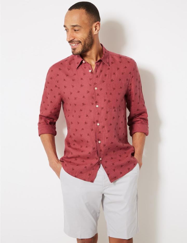 Marks & Spencer Pure Linen Palm Print Shirt Dark Pink