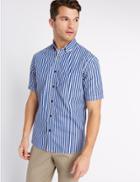 Marks & Spencer Pure Cotton Striped Shirt With Pocket Navy