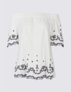 Marks & Spencer Pure Cotton Embroidered Bardot Top Ivory Mix
