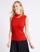 Marks & Spencer Ribbed Funnel Neck Sleeveless Jumper Lacquer Red