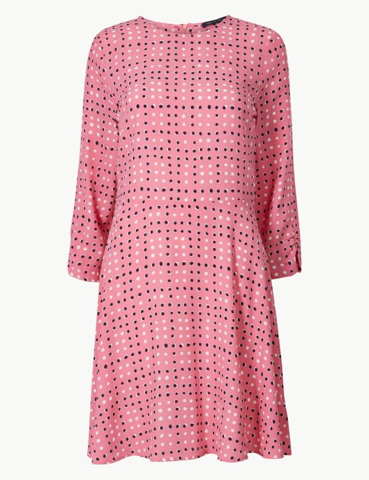 Marks & Spencer Polka Dot 3/4 Sleeve Fit & Flare Mini Dress Pink Mix