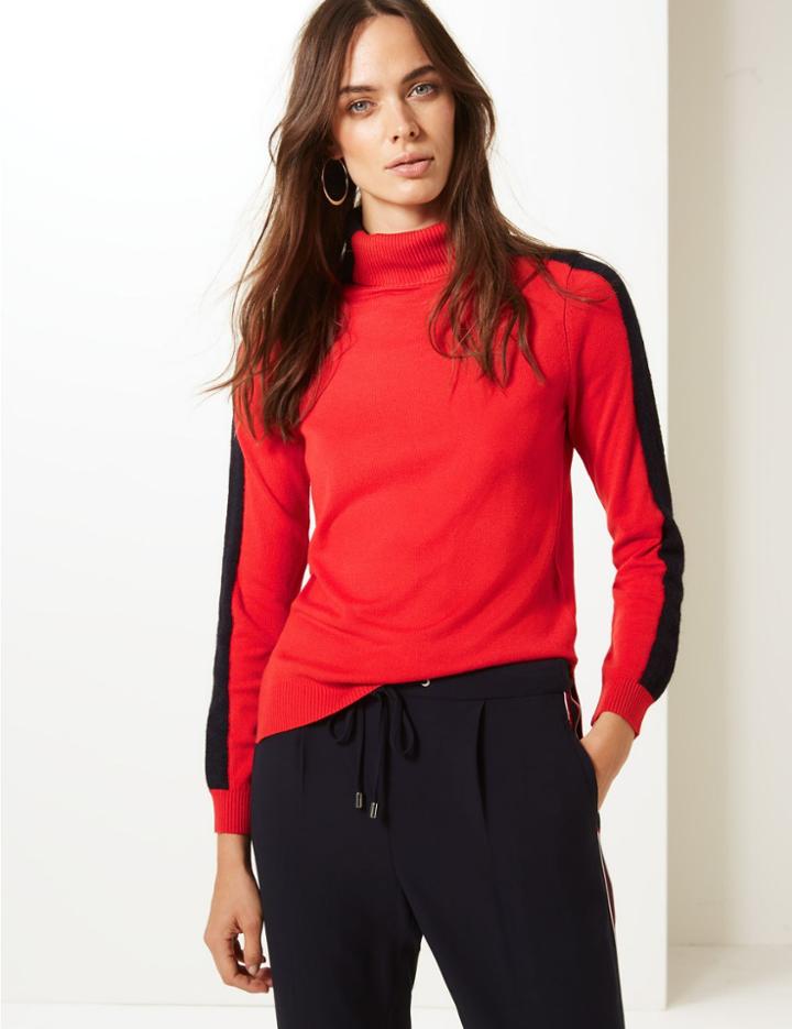 Marks & Spencer Colour Block Roll Neck Jumper Red Mix