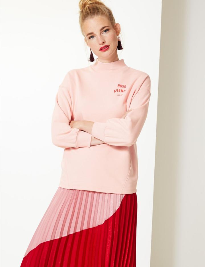 Marks & Spencer Cotton Blend Printed Long Sleeve Sweatshirt Pink