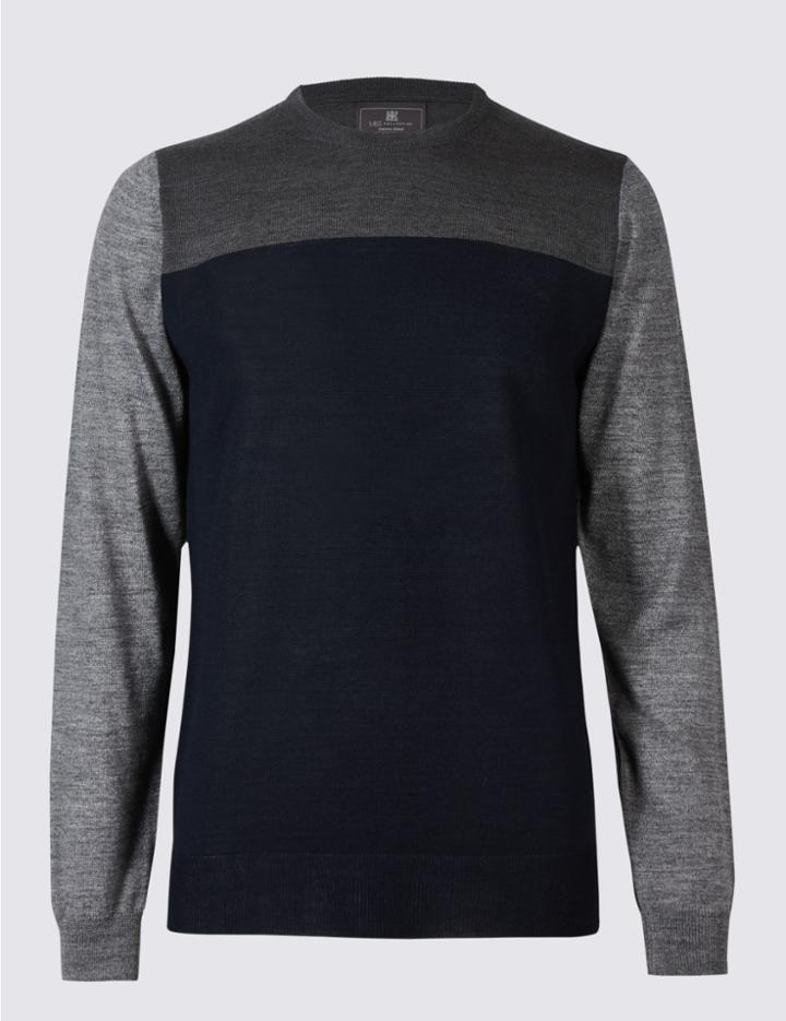 Marks & Spencer Merino Wool Blend Colour Block Jumper Navy Mix