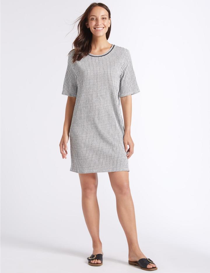 Marks & Spencer Checked Half Sleeve Tunic Mini Dress Ivory Mix