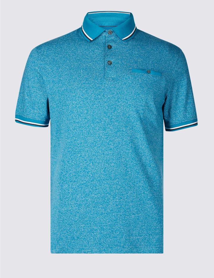 Marks & Spencer Slim Fit Cotton Rich Textured Polo Shirt Teal Mix