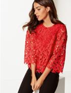 Marks & Spencer Lace Round Neck 3/4 Sleeve Blouse Red