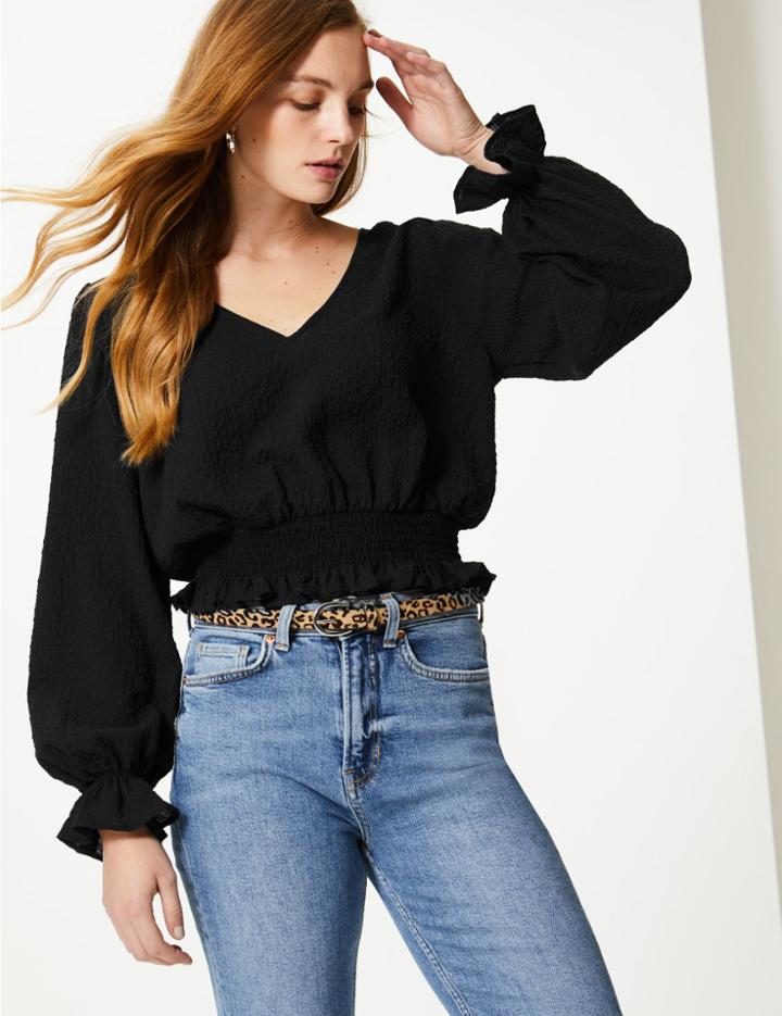 Marks & Spencer Crinkle V-neck Long Sleeve Blouse Black