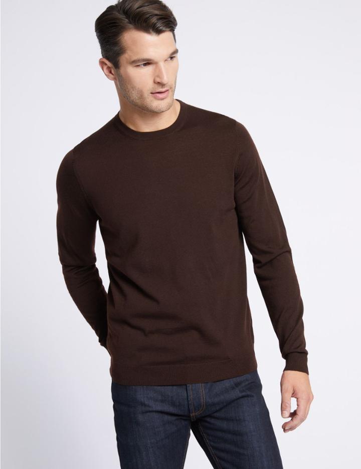 Marks & Spencer Pure Extra Fine Merino Crew Neck Jumper Chocolate