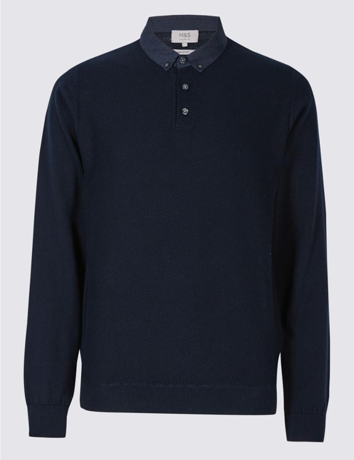 Marks & Spencer Pure Cotton Textured Mock Shirt Jumper Navy Mix