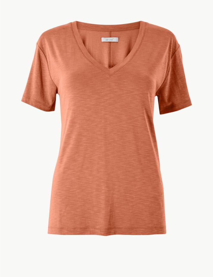 Marks & Spencer Modal V Neck T-shirt Faded Orange