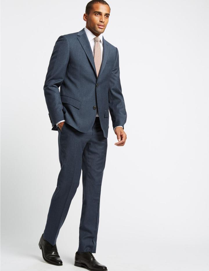Marks & Spencer Textured Tailored Fit Wool Jacket Denim