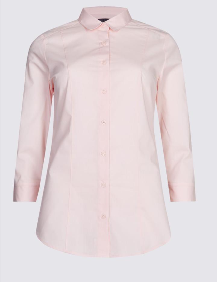 Marks & Spencer Cotton Blend 3/4 Sleeve Shirt Light Pink