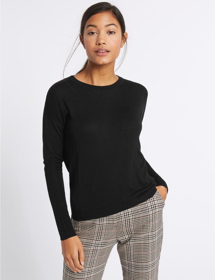 Marks & Spencer Round Neck Ribbed Sleeve Jumper Black