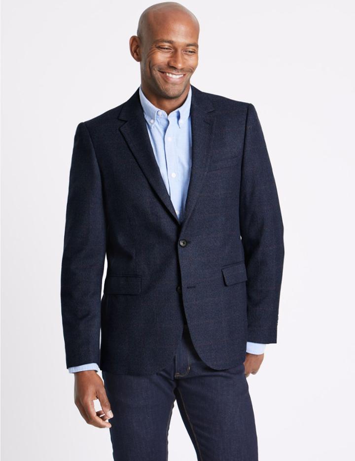 Marks & Spencer Blue Checked Tailored Fit Jacket Blue
