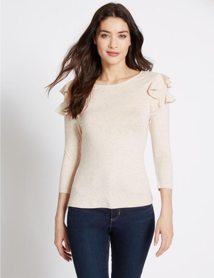 Marks & Spencer Ruffle Slash Neck 3/4 Sleeve Jersey Top Natural Mix