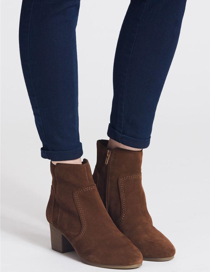 Marks & Spencer Leather Block Heel Crepe Effect Ankle Boots Dark Tan