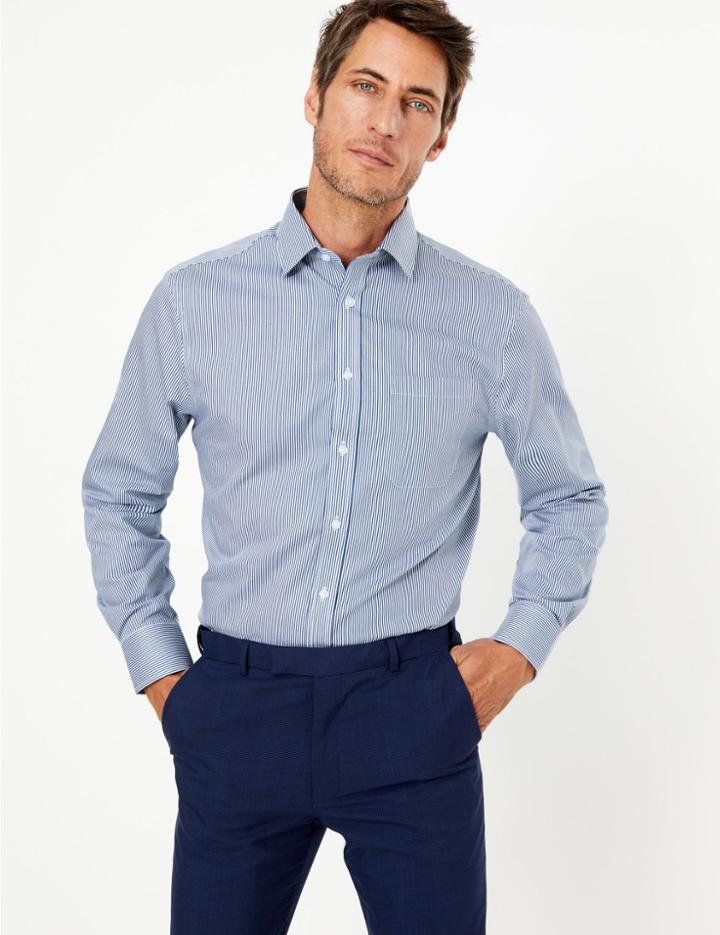 Marks & Spencer Pure Cotton Striped Non-iron Shirt Navy Mix