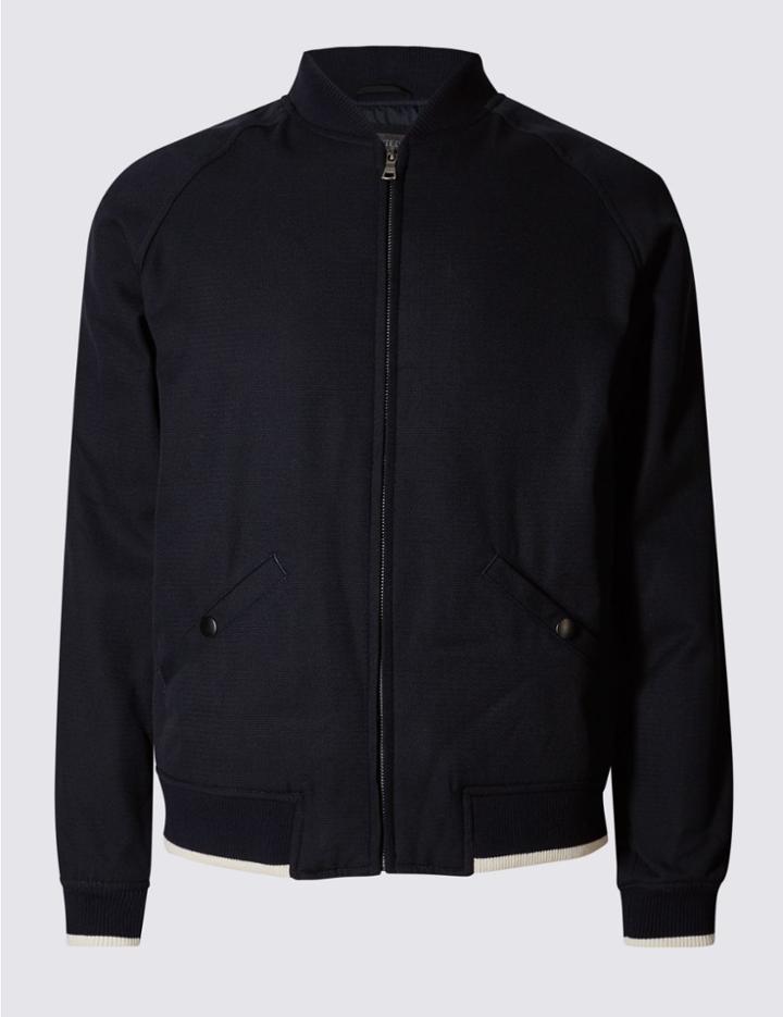 Marks & Spencer Pure Cotton Textured Bomber Jacket Navy