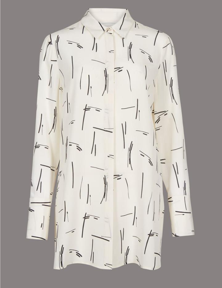 Marks & Spencer Pure Silk Printed Long Sleeve Shirt Ivory Mix