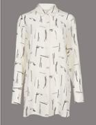 Marks & Spencer Pure Silk Printed Long Sleeve Shirt Ivory Mix