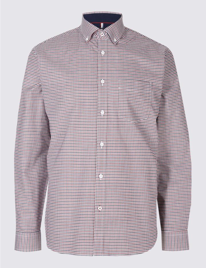 Marks & Spencer Cotton Rich Checked Shirt With Pocket Cranberry