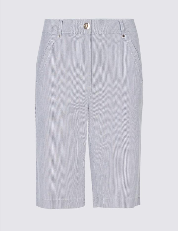 Marks & Spencer Cotton Rich Striped Casual Shorts Navy Mix
