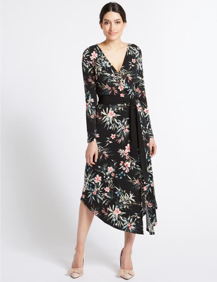 Marks & Spencer Floral Wrap Midi Dress Black Mix