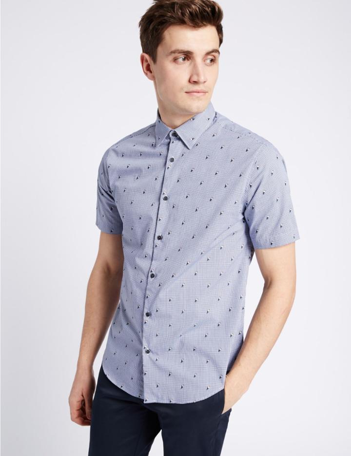 Marks & Spencer Pure Cotton Slim Fit Textured Shirt Navy Mix