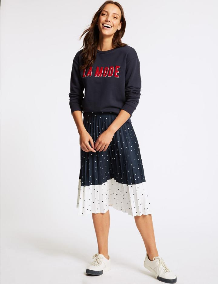 Marks & Spencer Spotted Pleated Midi Skirt Dark Navy Mix