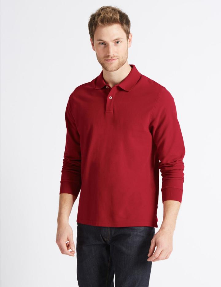 Marks & Spencer Pure Cotton Long Sleeve Polo Shirt Ruby Red