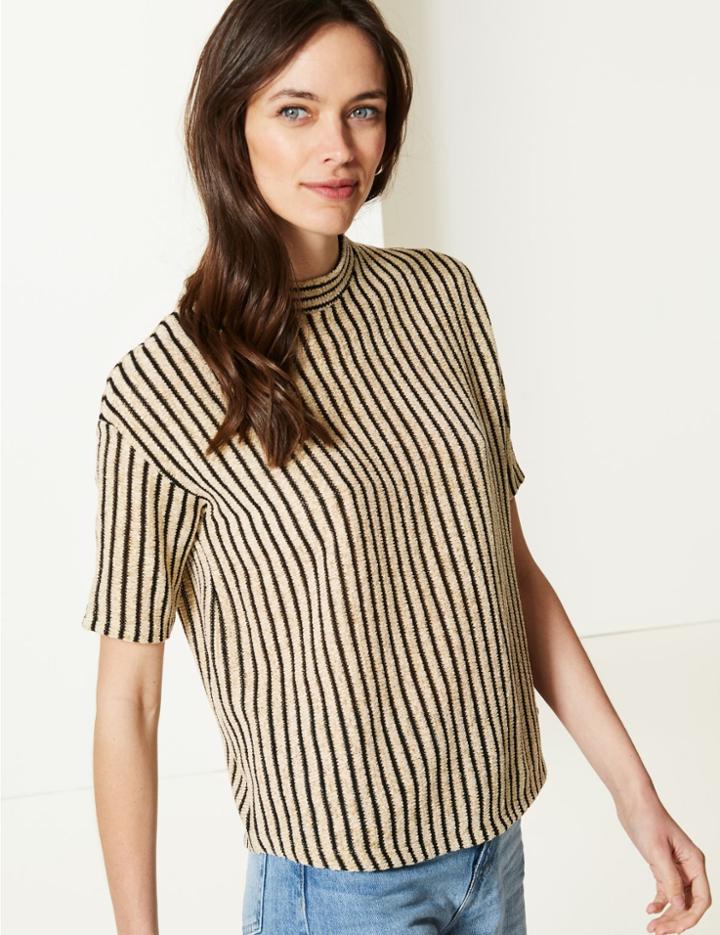 Marks & Spencer High Neck Short Sleeve Sweatshirt Cream Mix
