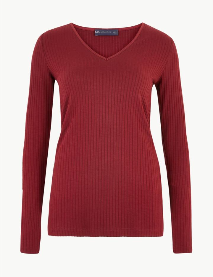 Marks & Spencer Ribbed V Neck Long Sleeve Fitted Top Claret