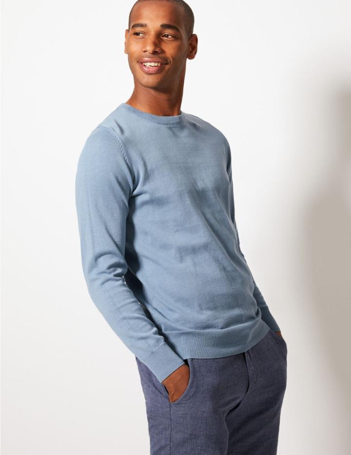 Marks & Spencer Pure Fine Cotton Crew Neck Jumper Blue