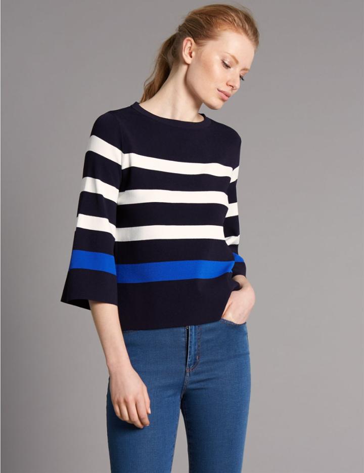 Marks & Spencer Striped Round Neck 3/4 Sleeve Jumper Navy Mix