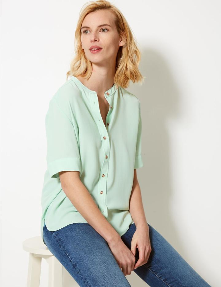 Marks & Spencer Button Detailed Short Sleeve Shirt Mint