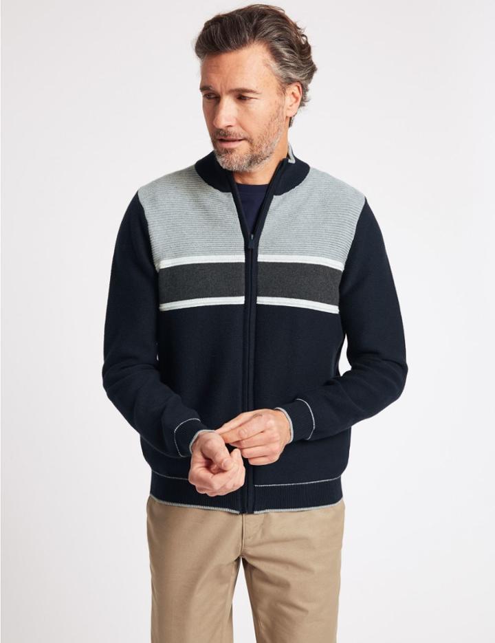 Marks & Spencer Cotton Rich Striped Zip Through Cardigan Navy/grey