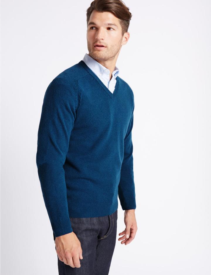 Marks & Spencer Pure Lambswool V-neck Jumper Dark Marine