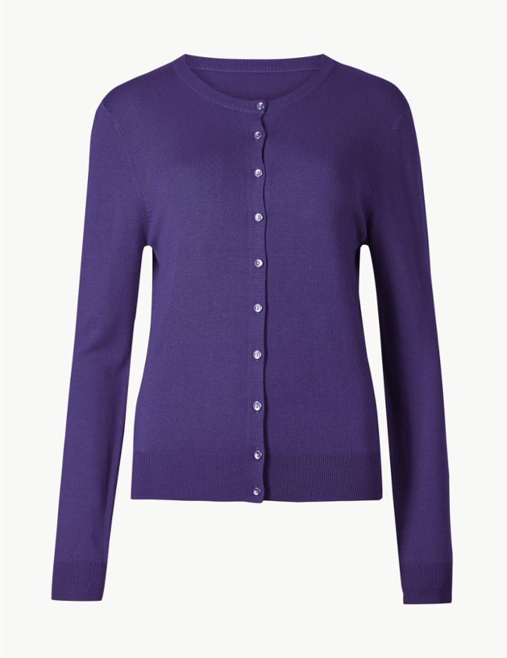 Marks & Spencer Long Sleeve Round Neck Cardigan Dark Purple