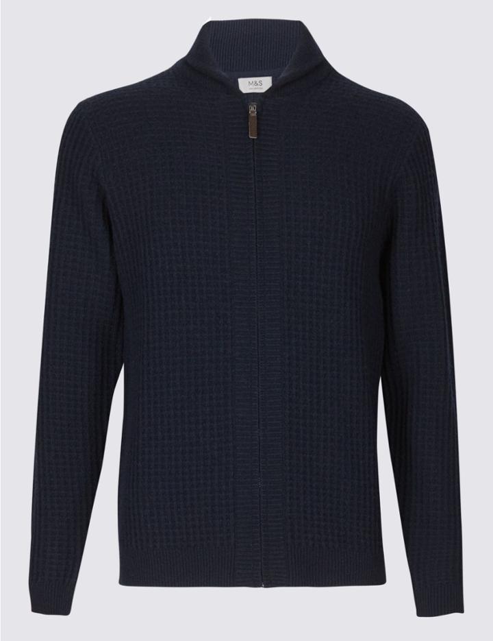 Marks & Spencer Wool Rich Zipped Through Cardigan Navy