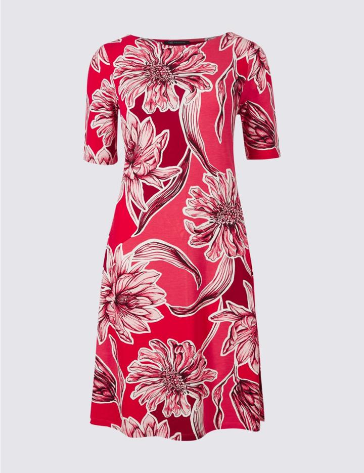 Marks & Spencer Floral Print Half Sleeve Swing Dress Pink Mix
