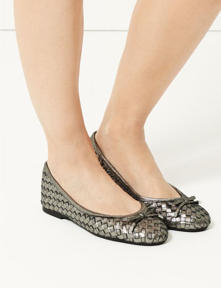 Marks & Spencer Wide Fit Leather Weave Ballet Pumps Pewter
