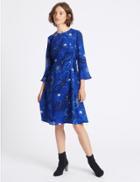 Marks & Spencer Printed Tie Side Flared Sleeve Midi Dress Electric Blue