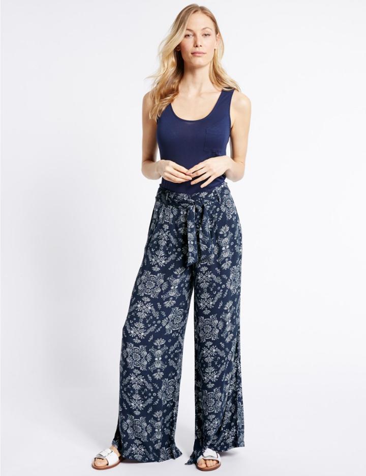 Marks & Spencer Printed Crepe Wide Leg Trousers Blue Mix