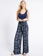 Marks & Spencer Printed Crepe Wide Leg Trousers Blue Mix